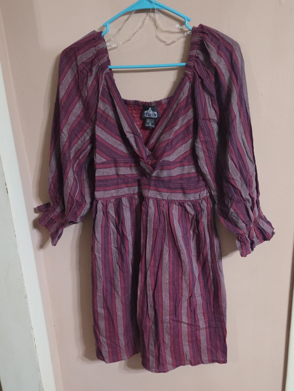 Angie Striped Long-Sleeve Peasant Dress in Wine and Gray